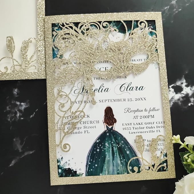 20PCS Masquerade Invitations, masquerade wedding invites, laser cut invitation pockets for quinceanera,xv,16 birthday,bridal shower,wedding,Anniversary,holiday party,etc. (glitter light gold)
