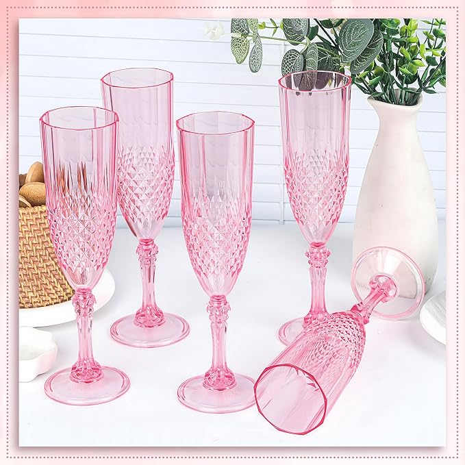 Plastic Champagne Flutes, 12PCS Pink Wine Glasses Goblets Cups Reusable Flute, for Weddings Bachelor Parties Toasting and Events(12, Pink)