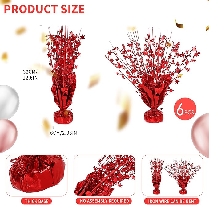 6 Pack Star Table Centerpieces for Party, Birthday Table Decorations for Kids Adults, Party Centerpieces for Tables for Wedding Baby Shower Graduation Holiday Event (Red)