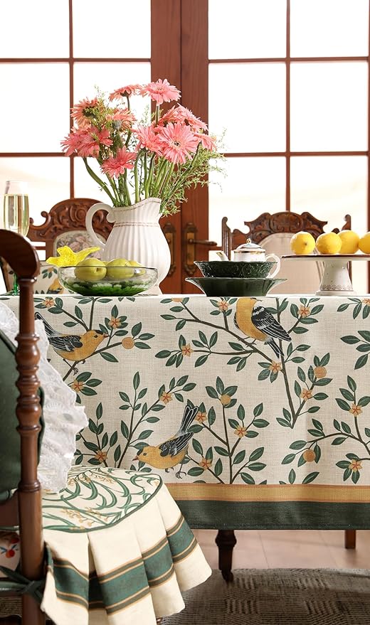 patdrea Designer French Table Cloth for Rectangle Table,Vintage Green Linen Birds and Leaves Pattern Tablecloths,Dacorative Cover Kitchen Dining,Christmas,Thanksgiving,Tea Party,55"x79"-Warbler