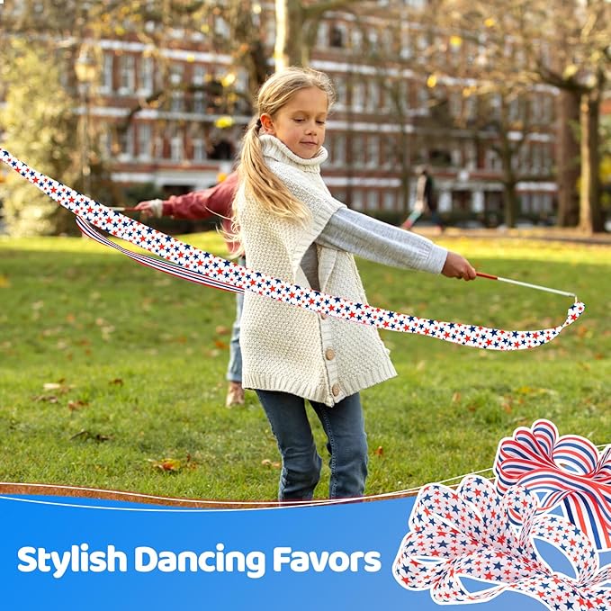 20 Pack Ribbon Dancer Wands for Patriotic Party Favors Supplies, Dancing Ribbon Stars and Stripes Streamers Ribbon Twirling Wand for Independence Day Labor Day Decorations Party Supplies