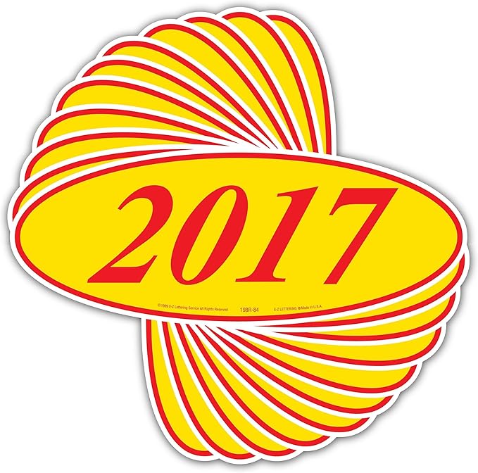 EZ-Line Oval Model Windshield Year Stickers for Car Windows Red and Yellow Large Vinyl Dealership Supplies 1 Dozen Pro Pack (2017)