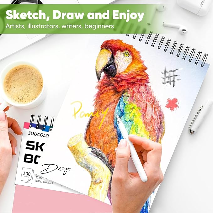 Soucolor Cute Sketchbook 9" x 12" for Women, 1-Pack 100 Sheets Spiral Notebook Drawing Pad for Girls, Pastel Girls' School Art Supplies for Beginner Artists, Arts and Crafts Gifts Set for Kids Adults