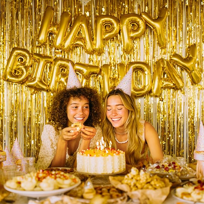 PartyWoo Gold Streamers Curtain Backdrop 3pcs Foil Fringe Curtain 8.2FT Gold Tinsel Fringe Backdrop Photo Booth for Bachelorette Baby Shower Graduation Wedding Birthday Anniversary Party Decorations