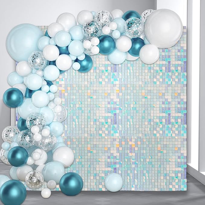 24PCS Colorful Blue Shimmer Wall Backdrop, Square Sequin Backdrops Panel, Glitter Wall Background for Birthdays, Weddings, Graduation, Engagements, Disco Bachelorette Party Decoration (4FTx6FT)