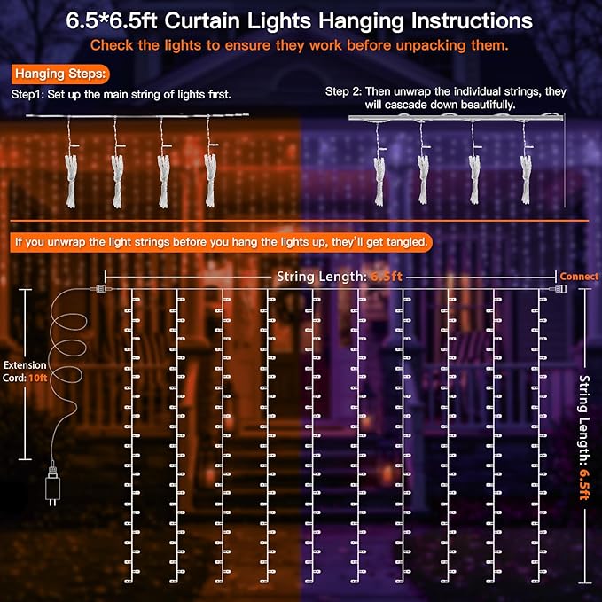 suddus Color Changing Curtain Lights for Halloween, 200 LED 6.5ft x 6.5ft Hanging String Lights with USB, Curtain Fairy Lights Indoor for Bedroom Wall, Party, Porch, Holiday, Purple and Orange