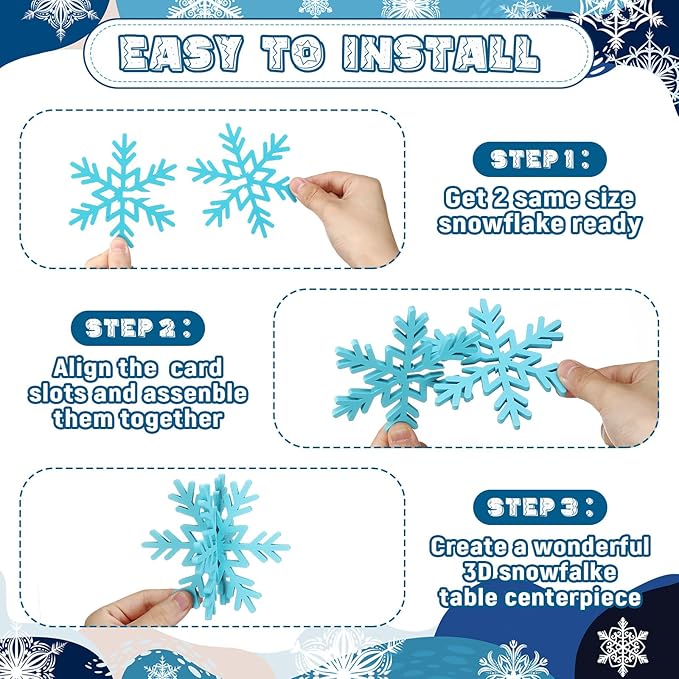 Bucherry 12 Pcs Wooden Snowflake Table Decor 3D Snowflake Tabletop Signs and Centerpiece for Christmas Xmas Winter Wonderland Decorations Home Party(White, Light Blue)