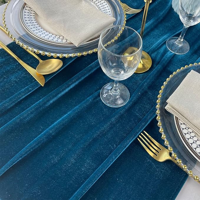 Velvet Table Runner, 10ft Luxurious Wedding Reception Decorations Soft Velvet Fabric Table Linen Overlay for Party (20 x 120 inch, Teal Blue)