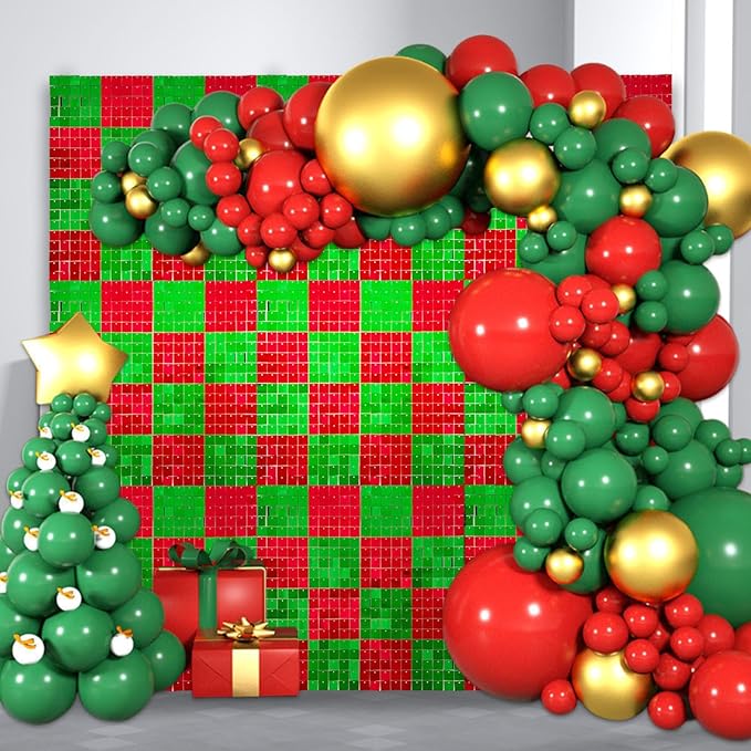 12PCS Red Green Shimmer Wall Backdrop, Laser Square Sequin Photo Backdrops Panel, Glitter Wall Background for Birthdays, Weddings, Christmas, Engagements, Disco Bachelorette Party Decor (3FTx4FT)