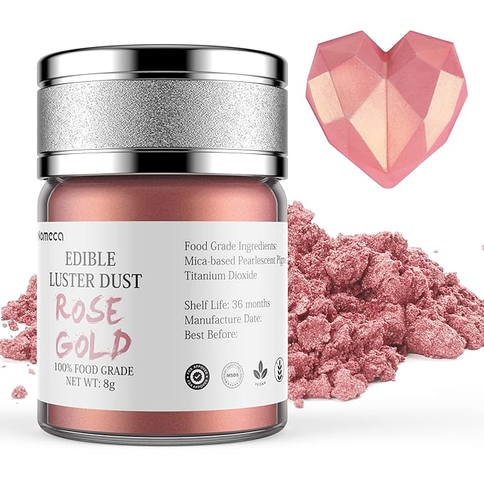 Nomeca Edible Luster Dust, 8 Grams Food Grade Shimmer Gold Cake Dust Metallic Food Coloring Powder for Cake Decorating, Baking, Fondant, Gumpaste, Chocolate, Candy, Drinks, Cookies - Rose Gold