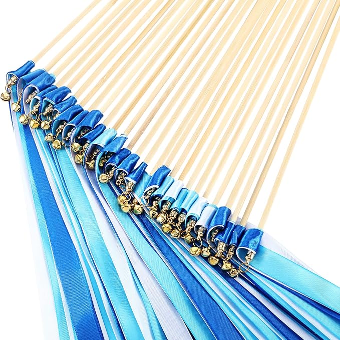 Boao 40 Pieces Mixed Color Ribbon Sticks with Bell, Ribbon Sticks for Stick Party, Streamers for Wedding Birthday Party Celebration Baby Shower Favors(Blue)