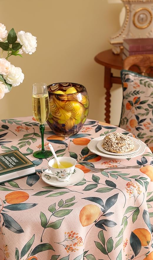 patdrea Designer Linen Small Round Table Cloth,Vintage Framhouse Oranges and Leaves Pattern Tablecloth,Decor Table Cover for Kitchen Dining Christmas,Thanksgiving,Party,Diameter 55"-Palladin a