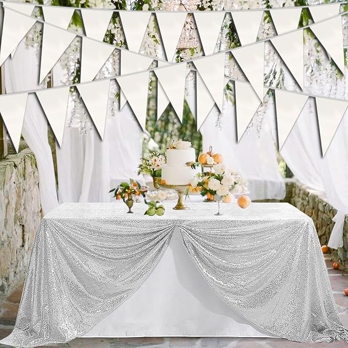 20M/65FT White Triangle Pennant Banner Flag Metallic Fabric Bunting Garland for Christmas Graduation Wedding Engagement Anniversary Bachelorette Birthday Bridal Shower Valentines Hen Party Supplies