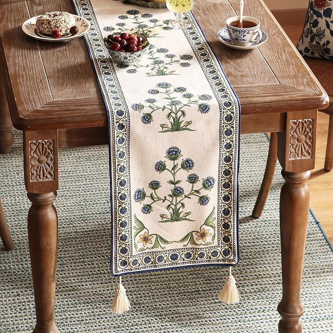 patdrea Designer Blue Rustic Elegant Floral Patterned Linen Table Runner 87 Inch Long,Wrinkle Resistant Table Mat,Decoration for Kitchen Dining and Coffee Tables Banquet Christmas , 12"x87"