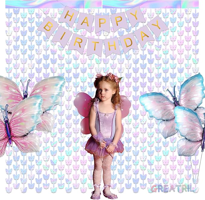 Iridescent Butterfly Fringe Party Backdrop - GREATRIL Fairy Streamers for Butterfly Princess Themed Birthdays Party Decoration - 3.2ft x 6.5ft - 2 Packs