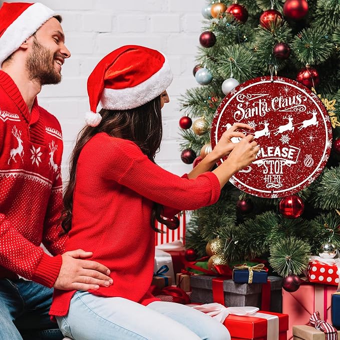 Round Metal Tin Sign - Santa Sleigh Reindeer Vintage Sign - Santa Claus Please Stop Here Sign for Christmas Living Room Bedroom Coffee Bar - 12 * 12 in