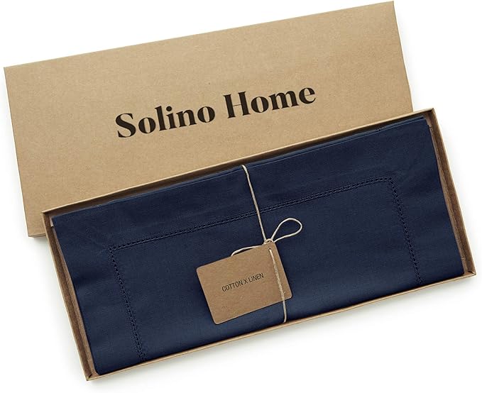 Solino Home Navy Blue Table Runner 120 Inches Long - Cotton Linen Hemstitch 14 x 120 Inch Table Runner for Dining, Fall, Autumn, Thanksgiving, Holiday