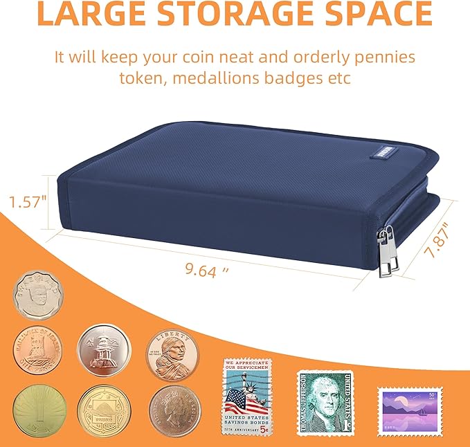 Coin Collection Book for Collector,260 Pockets Fireproof Coin Collection Holder Album,Coin Collection Organizer Storage Box Case Album for 20/25/ 27/30/ 38mm Coins,Blue