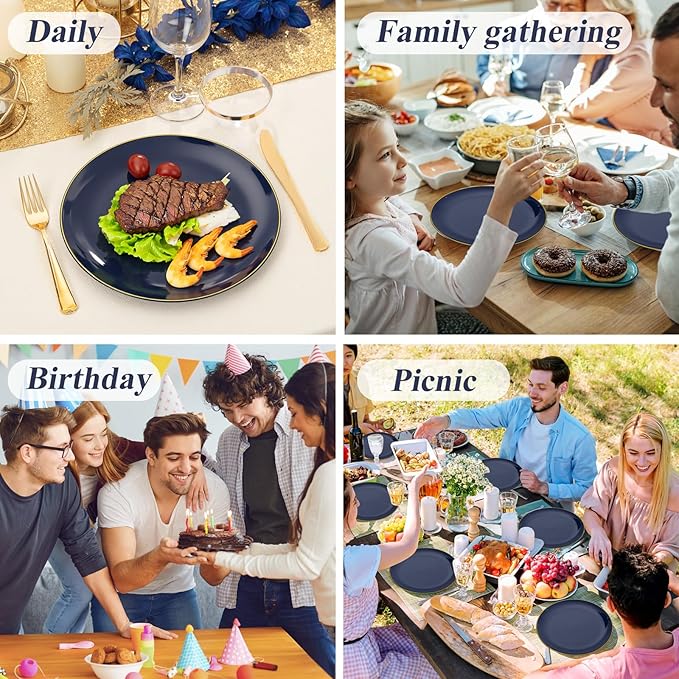 KIRE 175Pcs Blue Plastic Plates - Navy Blue Plates Disposable - 25 for Dinner 25 for Dessert 25 Pre Rolled Napkins with Gold Plastic Silverware and 25 Cups for Birthday Party/Wedding