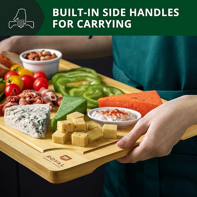 ROYAL CRAFT WOOD Wooden Cutting Boards for Kitchen Meal Prep & Serving - Bamboo Wood Serving Board Set with Deep Juice Groove Side Handles - Charcuterie & Chopping Butcher Block for Meat
