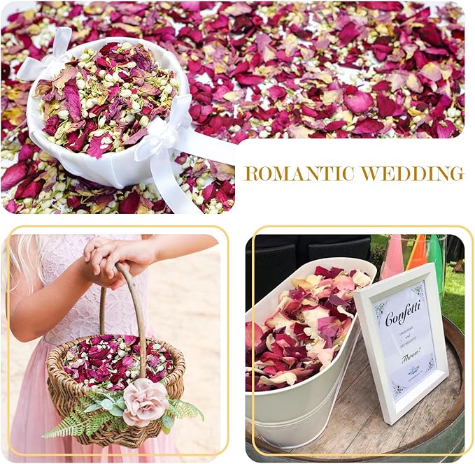 20+ Cups Mix Real Rose Petals Biodegradable Wedding Confetti, 2 QT of Pink Red Flower Jasmine for Ctaft Proposal Party Decor Flower Girls, Bath salt Candle Soap Making