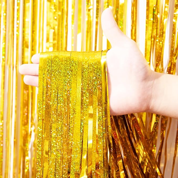 2 Pack Laser Gold Tinsel Foil Fringe Curtains, Gold Party Decorations, Metallic Tinsel Party Streamers Backdrop for Birthday Baby Shower Graduation Wedding New Years Party Decorations