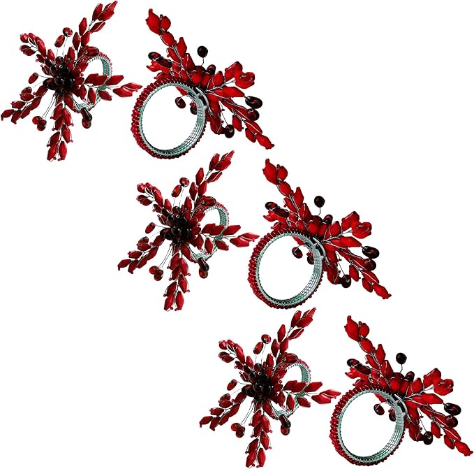 Napkin Rings Set of 12 for Dining Table Decoration Parties Everyday Metal Napkin Holder Leaf Red (Pack of 12)