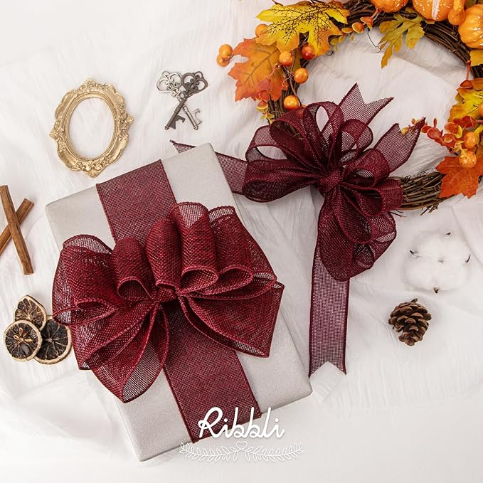 Ribbli Burgundy Burlap Wired Ribbon,1-1/2 Inch x 10 Yard, Wired Edge Ribbon for Big Bow,Wreath,Tree Decoration,Outdoor Decoration