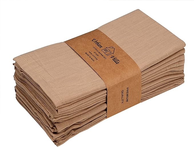 Urban Villa Dinner Napkins Solid Taupe Color Cloth Napkins (Set of 12) Oversized 20x20 Inches 100% Cotton Slub Premium Quality Soft Durable Mitered Corners Reusable Washable Everyday Use Napkins