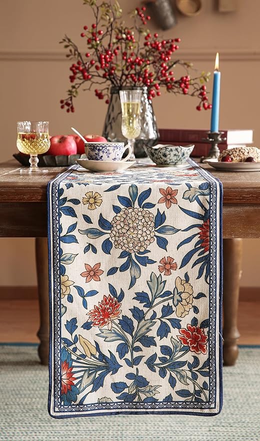 patdrea Designer Blue Cottage Rustic Floral Patterned Linen Table Runner 102 Inch Long,Wrinkle Resistant Table Mat,Decoration for Kitchen Dining and Coffee Tables Banquet Christmas ,12"x102"