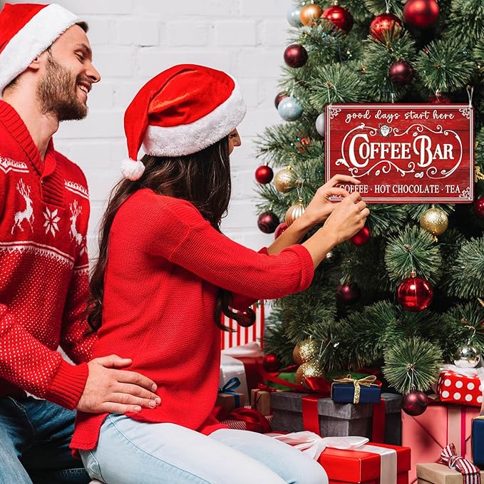 Vintage Christmas Coffee Bar Tin Sign - Kitchen Decor, Tea Bar Accessories, Hot Chocolate Station - 8x12Inch