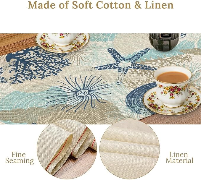 Nautical Coastal Table Runner,Ocean Themed Starfish Coral Conch Beach Kitchen Dinning Table Decoration for Indoor Outdoor Home Party Decor 13x90 Inch