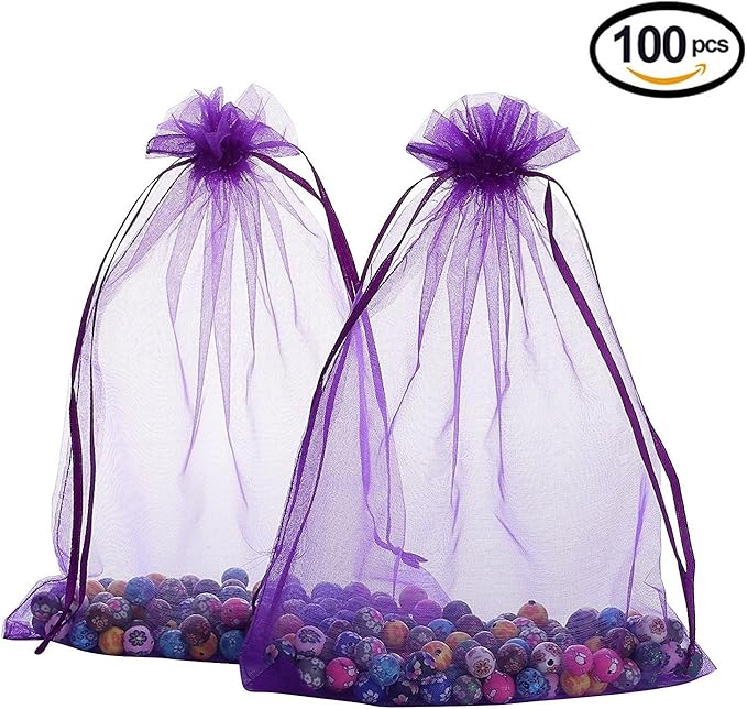 Wudygirl 100pcs Sheer Organza Bags 5‘’x7‘’ Purple Drawstring Packages License Jewelry Lipstick Pouches Baby Shower Party Wedding Favors Cookies Candy Favor Bags(100pcs Purple 5X7)