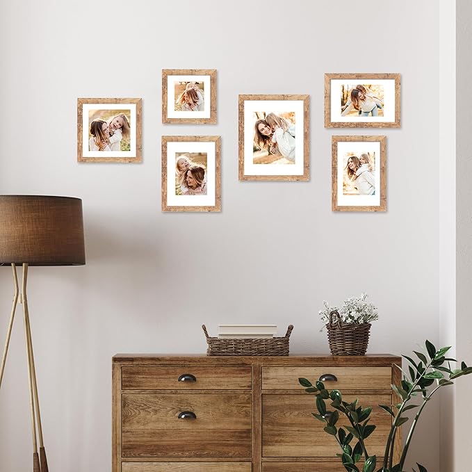 11x14 Picture Frame Set of 4 with Tempered Glass, Rustic Brown Frame Display 8x10 Pictures with Mat or 11 x 14 Without Mat, Wooden Photo Frames for Wall Mounting