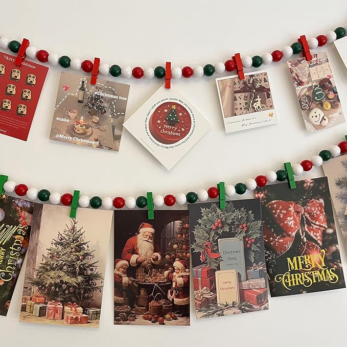 2PCS Christmas Hanging Photo Display with 12 Clips, Wooden Bead Garland, Photo Frame Decoration for Dorms, Classrooms, Bedrooms, Hanging Display Card Holder