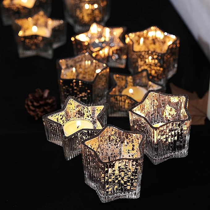 Letine 10pcs Silver Ribbed Star Candle Cups - Assorted Height Tea Light Holders, Votive Candle Holders forWedding, Fall Table Centerpiece, Mercury Glass Lucky Star Jar Decor(Tall 2.44", Short 1.57")