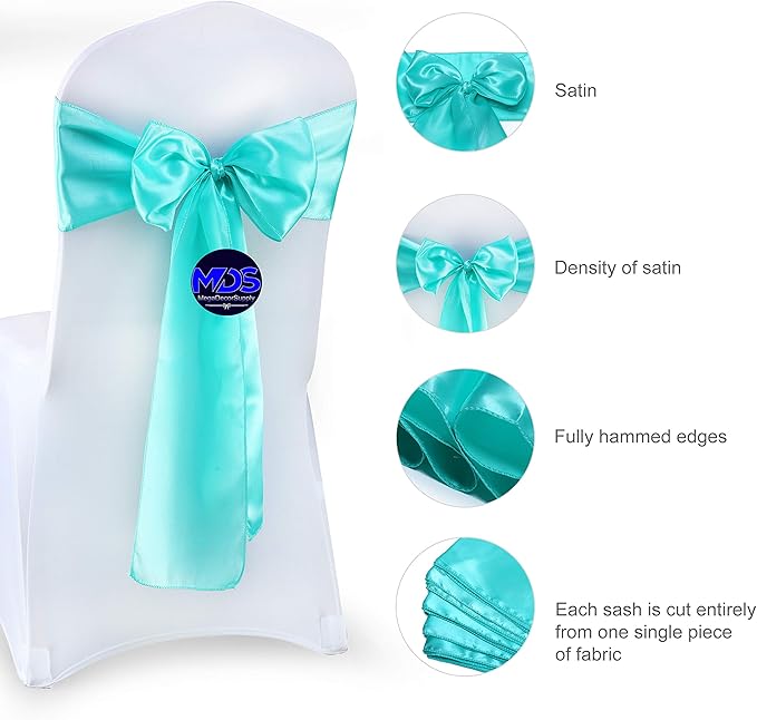 MDS Pack of 125 PCS Satin Chair Sashes Charmeuse Sateen Dining Chair Bows Ribbon Ties Back Sash for Wedding Party Birthday Home Hotel Restaurant Banquet Decoration (7 x 108 Inch, Sea Green)