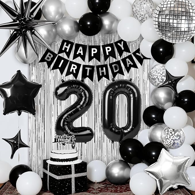 20th Birthday Decorations for Men Women, Black Silver Happy Birthday Party Decorations, 20 Year Old Party Supplies with Number 20 Balloons, Banner, Fringe Curtains Kit