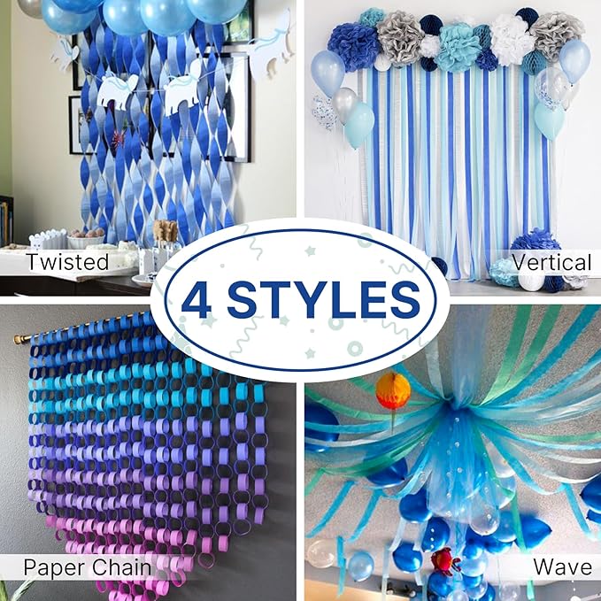 PartyWoo Blue Crepe Paper Streamers 4 Rolls 328 ft Pack of Dark Light Pastel Blue Crepe Paper for Baby Shower Gender Reveal Graduation Anniversary Birthday Party Decorations (1.8 Inch x 82 Ft/Roll)