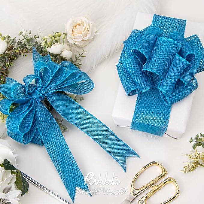 Ribbli Turquoise Blue Burlap Wired Ribbon,1-1/2 Inch x 10 Yard, Wired Edge Ribbon for Big Bow,Wreath,Tree Decoration,Outdoor Decoration