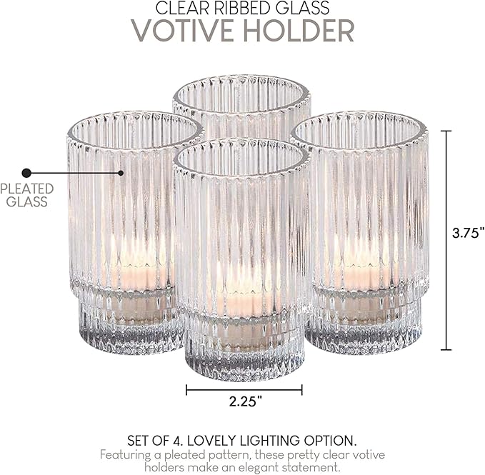 Serene Spaces Living Ribbed Glass Votive Holders – Elegant Pleated Candle Holders for Tea Lights, Votive Candles – Decorative Glass Holders for Home, Weddings, 3.75" Tall and 2.25" Diameter, Set of 4