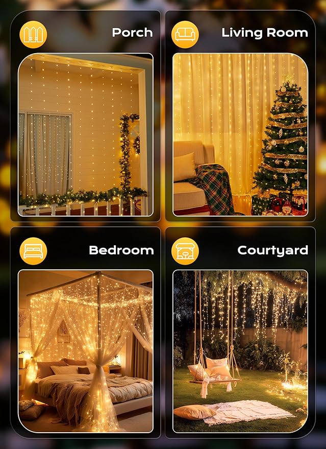 Brightown 300 LED Fairy Curtain Lights, 9.8ft x 9.8ft Warm White Curtain String Lights, USB Plug in 8 Lighting Modes Christmas Decoration, Hanging Lights with Remote for Bedroom Indoor Weddings Dorm