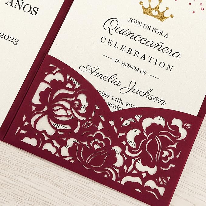 DORIS HOME 50pcs Laser Cut Quinceanera Invitations Burgundy, 4.7x7.1 Personalized Quince Invitations for 15th Birthday, Invitation cards for Sweet 16 with Envelopes