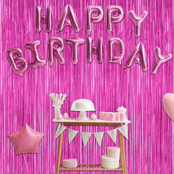 2 Pack Hot Pink Party Decorations, 3.28 FT x 7.05 FT Hot Pink Backdrop, Metallic Rose Red Photo Backdrop Foil Curtains Tinsel Backdrop, Metallic Pink Party Decor Wedding Party Supplies