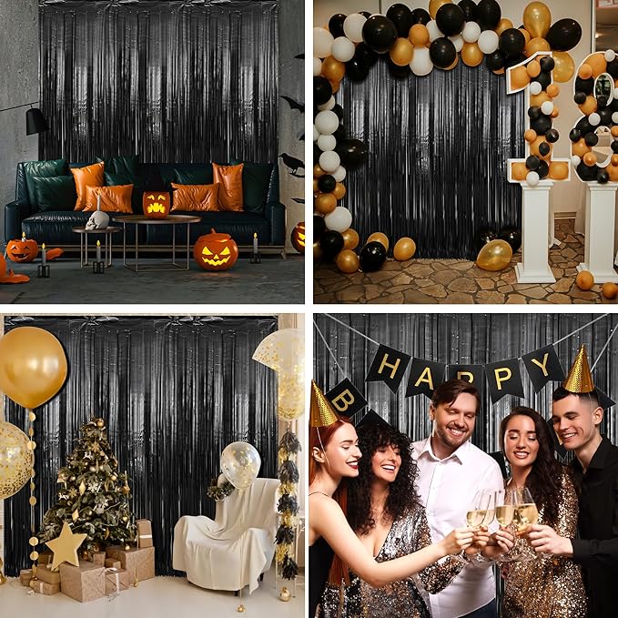 Crosize 2 Pack 3.3 x 9.9 ft Black Foil Fringe Backdrop Curtain, Streamer Backdrop Curtains, Streamers Birthday Party Decorations, Tinsel Curtain for Parties, Photo Booth Backdrops, Party Décor