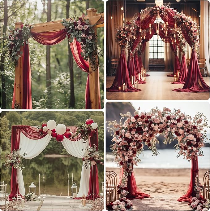 Wedding Arch Draping Fabric 1 Panel 28.7" x 20FT Burgundy Sheer Chiffon Backdrop Drapes for Wedding Ceremony Birthday Party Bridal Shower Outdoor Decoration