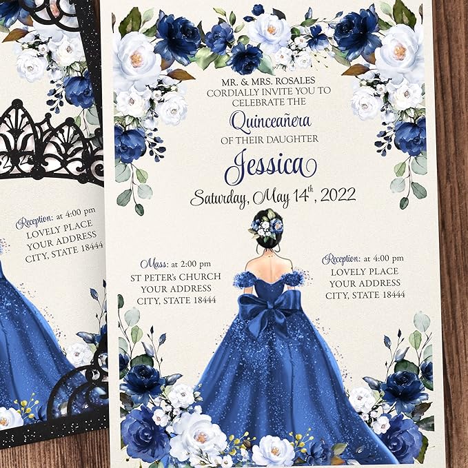 50Pcs Navy Blue Crown Invitations for Quinceanera, 15 year, Sweet 16, Miss XV, Birthday Laser Cut Quince Invitation Cards Personalized Pearlized Black