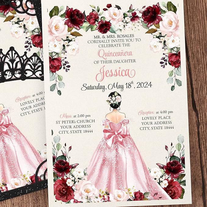 50Pcs Pink Crown Invitations for Quinceanera, 15 year, Sweet 16, Miss XV, Birthday Laser Cut Quince Invitation Cards Personalized Pearlized Black