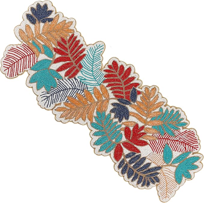 Beaded Table Runner 13x36 - Handmade Leaf Design, Glass Beads & Polyester Backing - Decorative Dining Table Centerpiece for Weddings, Parties, Thanksgiving, Christmas & Everyday Décor - CLEENTABLE