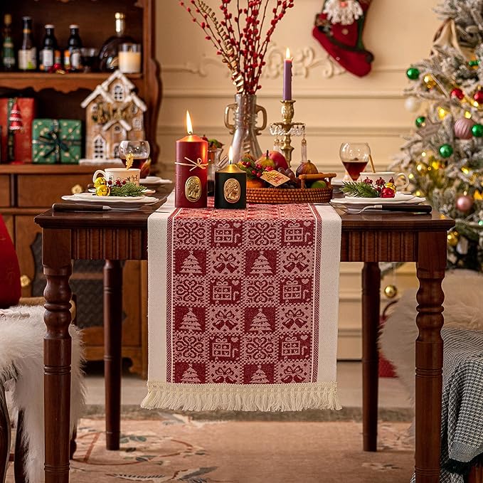 Table Runners 107 Inches,Christmas Tree Table Runner with Tassel Fringe,Gift Table Runner for Party,Coffee Table, Festival